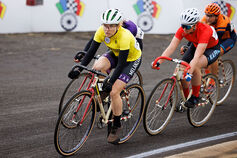 Women Little 500 riders take a lap on the Bill Armstrong Stadium track.
